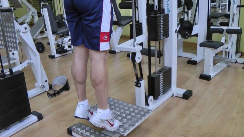 Poniendo los hombros bajo unas almohadillas, elevaremos los talones con el fin de levantar el peso que hemos puesto sobre los hombros. 