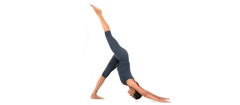 La otra postura del perro (Eka Pada Adho Mukha Svanasana o perro de tres patas) es similar a la tradicional, pero un poco más difícil.