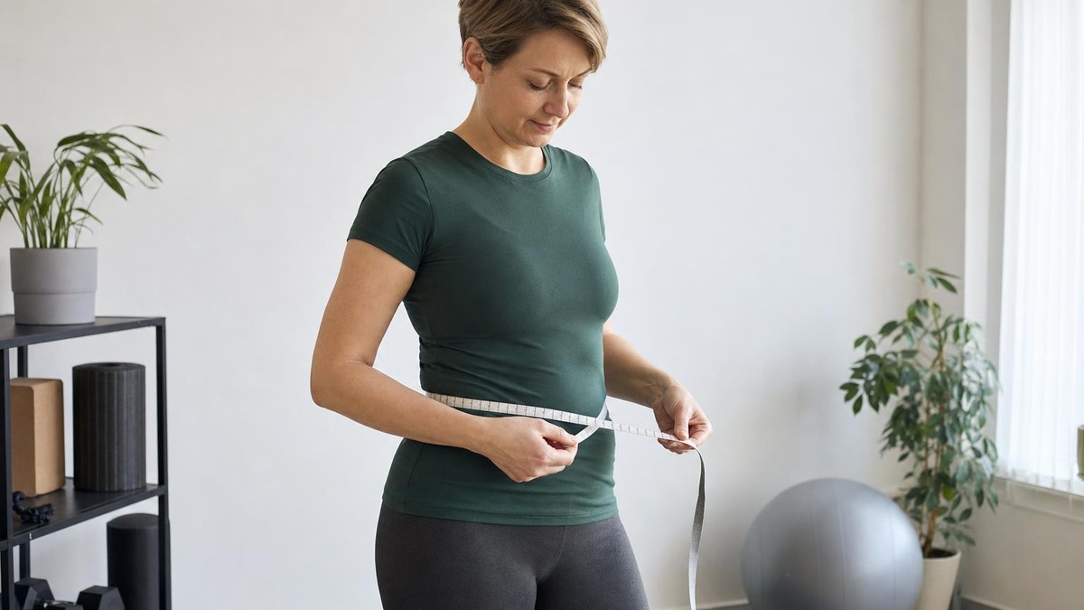Mujer con camiseta verde que sostiene una cinta métrica alrededor de la cintura sobre la ropa.